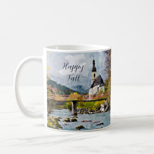 Herbstkirche und Bäume mit anpassbarem Text  Kaffeetasse (Links)