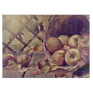 Herbstkorb mit Äpfeln Früchten Wasserfarbe vintage Schneidebrett