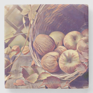 Herbstkorb mit Äpfeln Früchten Wasserfarbe vintage Steinuntersetzer