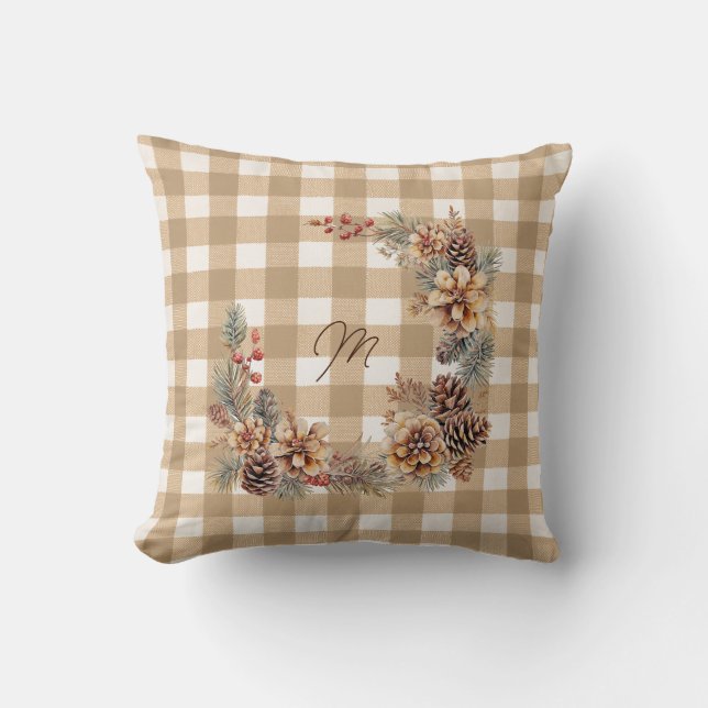 Herbstkranz Braun Gingham Monogramm  Kissen (Vorderseite)