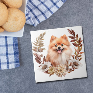Herbstkranz des Red Spitz Hundes Fliese
