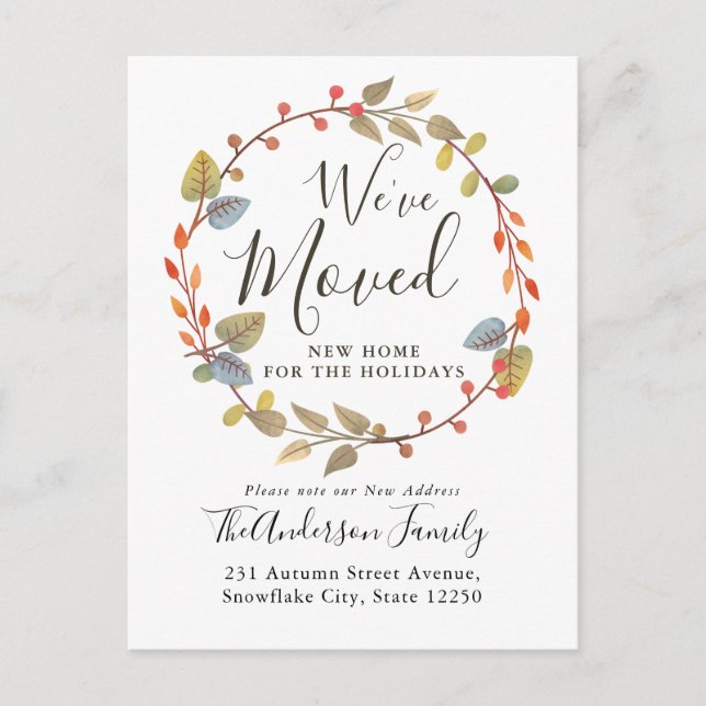 Herbstkranz haben wir neue Zuhause Holiday Moving Ankündigungspostkarte (Vorderseite)