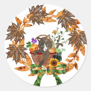 Herbstkranz mit Kitty in einem Korb Runder Aufkleber