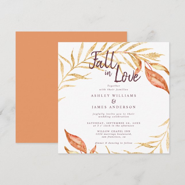 Herbstkupfer-Hochzeit in der Liebe Golden Foliage Einladung (Vorne/Hinten)