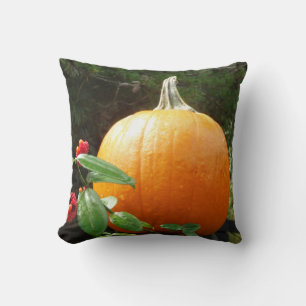 Herbstkürbis an einem schwarzen Zaun Kissen