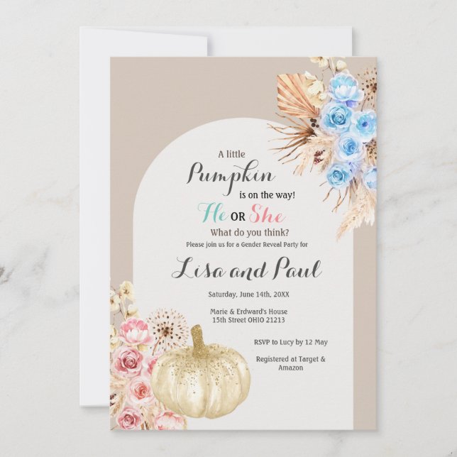 Herbstkürbis für Junge oder Mädchen: Gender-Berich Einladung (Vorderseite)