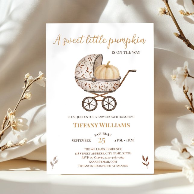 Herbstkürbis geschlechtsneutrale Babydusche Einladung (A little pumpkin is on the way rustic retro stroller baby shower invitation )