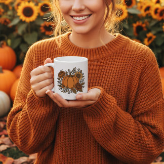 Herbstkürbis mit Sonnenblumen und Blume im Herbst Kaffeetasse