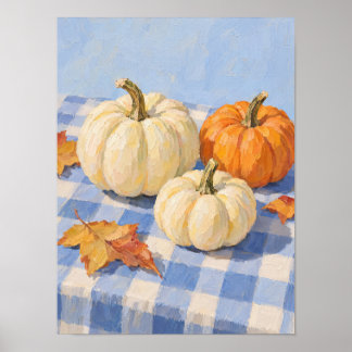 Herbstkürbisse auf blauem Gingham-Tischdeckenmuste Poster