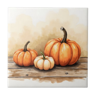Herbstkürbisse auf Holztisch Fliese