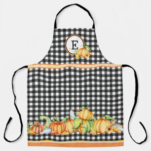 Herbstkürbisse auf schwarzem Gingham-Monogramm Schürze