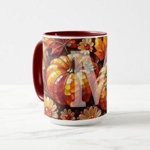 Herbstkürbisse Buntglas-Mosaik-Blätter Kunst Tasse
