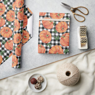 Herbstkürbisse Schwarz-Weiß Gingham Herbst Geschenkpapier