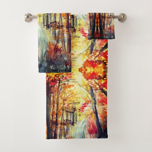 Herbstlandschaft Abstrakte Aquarellkunst Badhandtuch Set (Insitu)