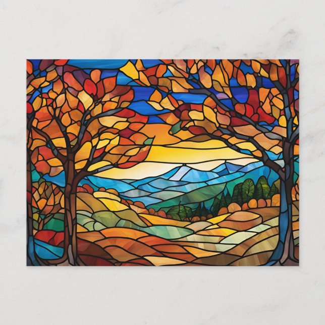 Herbstlandschaft Bleiglas-Illustration Postkarte (Vorderseite)