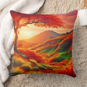 Herbstlandschaft mit Sonnenuntergang Gemälde Kunst Kissen