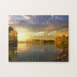 Herbstlandschaft Puzzle<br><div class="desc">Herbstlandschaft mit Fluss und Wald bei Sonnenuntergang</div>