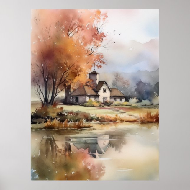 Herbstlandschaft Wasserfarben Illustration Poster (Vorne)