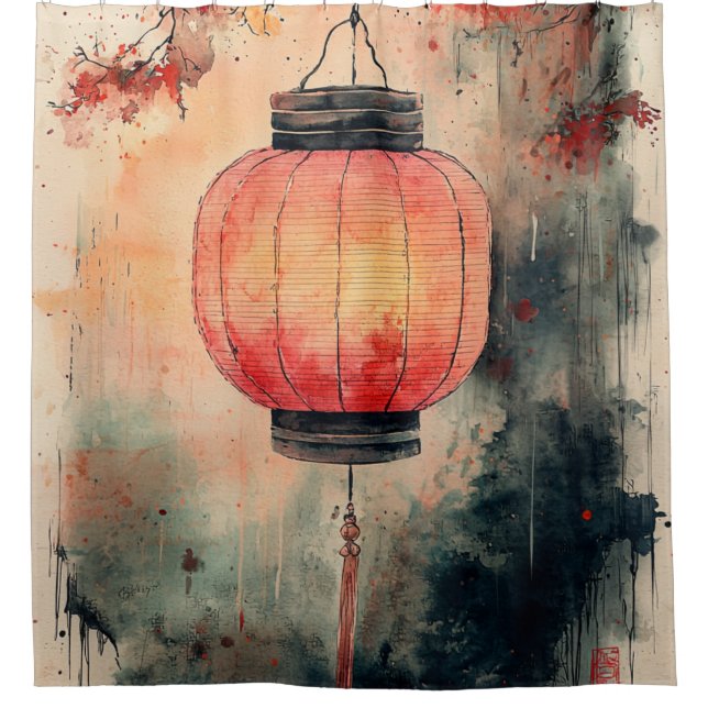 Herbstlaterne Sumi-E Aquarell Duschvorhang (Vorderseite)