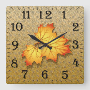 Herbstlaub auf Gold-Hintergrund Quadratische Wanduhr
