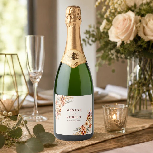 Herbstlaub Botanische Hochzeit Funkelnd (Fall leaves autumn botanical sparkling wine label with warm seasonal charm.)