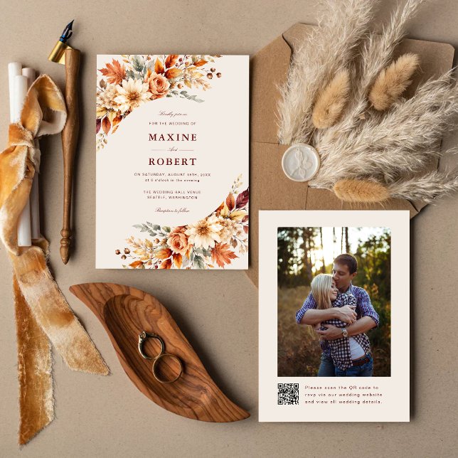Herbstlaub Botanischer QR-Code Foto Hochzeit Einladung (Fall leaves QR code photo invitation lets guests share in your autumn love story.)