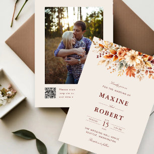 Herbstlaub Botanischer QR-Code Foto Hochzeit Einladung