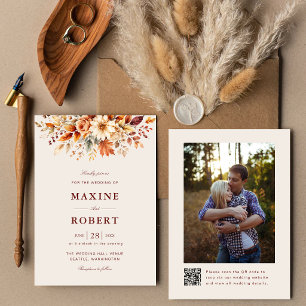 Herbstlaub Botanischer QR-Code Foto Hochzeit Einladung