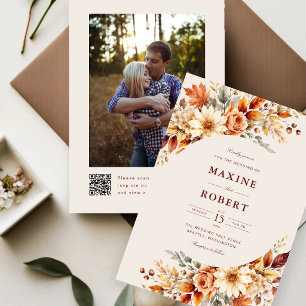 Herbstlaub Botanischer QR-Code Foto Hochzeit Einladung