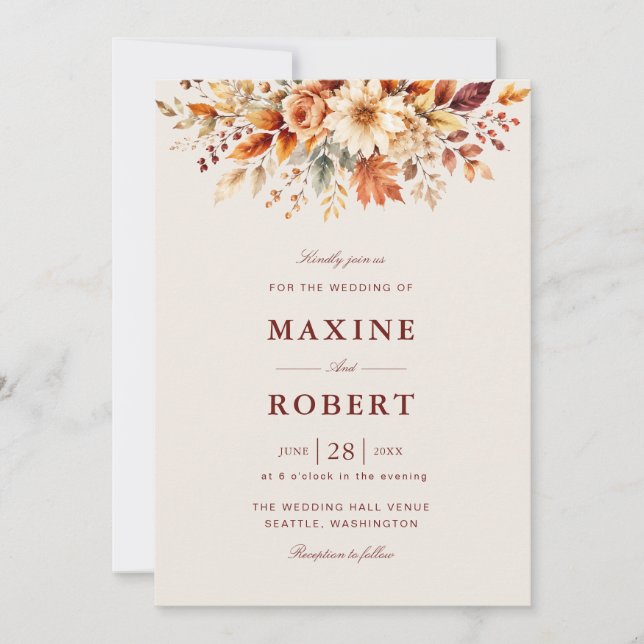 Herbstlaub Botanischer QR-Code Foto Hochzeit Einladung (Vorderseite)