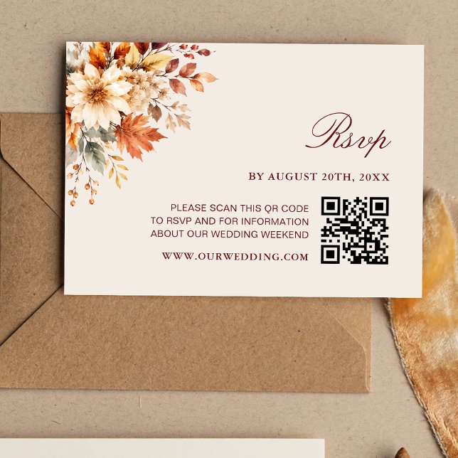 Herbstlaub Botanischer QR-Code Hochzeit im Herbst RSVP Karte (Fall leaves autumn botanical QR code wedding RSVP card with warm autumn charm.)