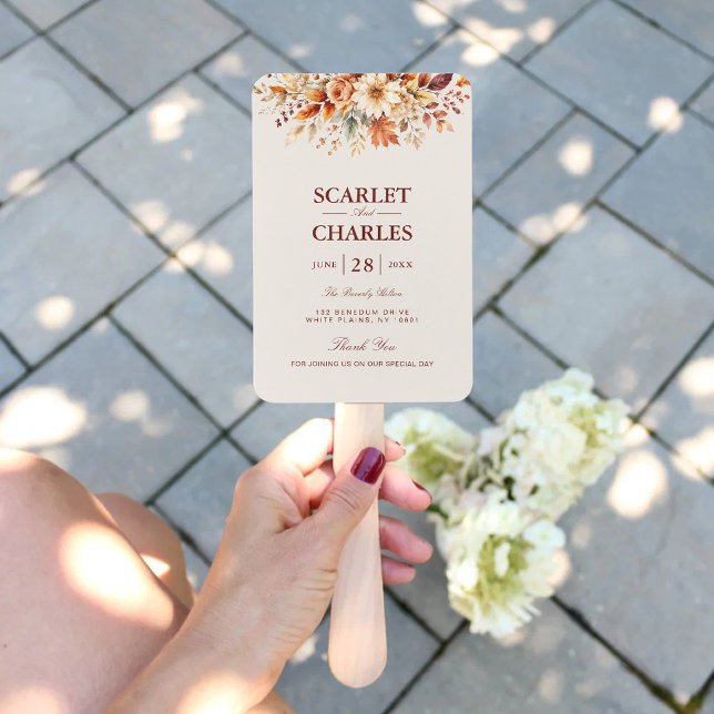 Herbstlaub Botanisches Hochzeitsprogramm im Herbst Fächer (Fall leaves botanical wedding program hand fan with warm autumn watercolor charm.)