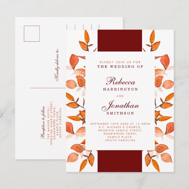 Herbstlaub Burnt Orange Hochzeitseinladung Postkarte (Vorne/Hinten)