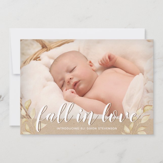 Herbstlaub-"Fall in Liebe" Geburts-Mitteilung Dankeskarte (Vorderseite)