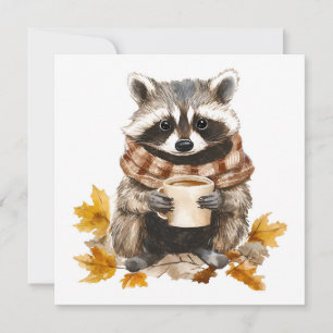 Herbstlaub gemütlicher Waschbär mit Tasse Kaffee