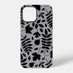 Herbstlaub großes Muster Schwarz auf Grau iPhone 12 Hülle