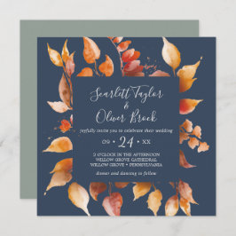 Herbstlaub | Hochzeit von Navy Blue & Burgundy Squ Einladung