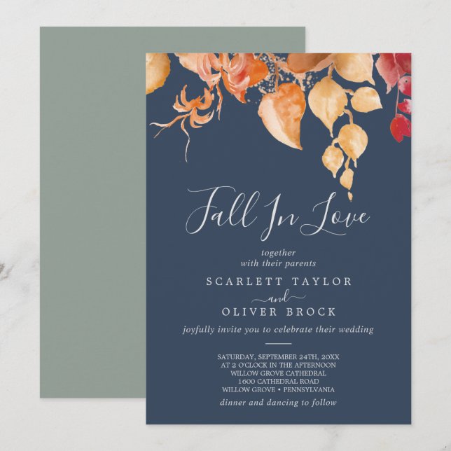Herbstlaub | Hochzeit von Navy Blue Fall in Liebe Einladung (Vorne/Hinten)