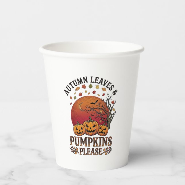Herbstlaub Kürbisse Bitte Halloween Fledermäuse Bä Pappbecher (Vorderseite)