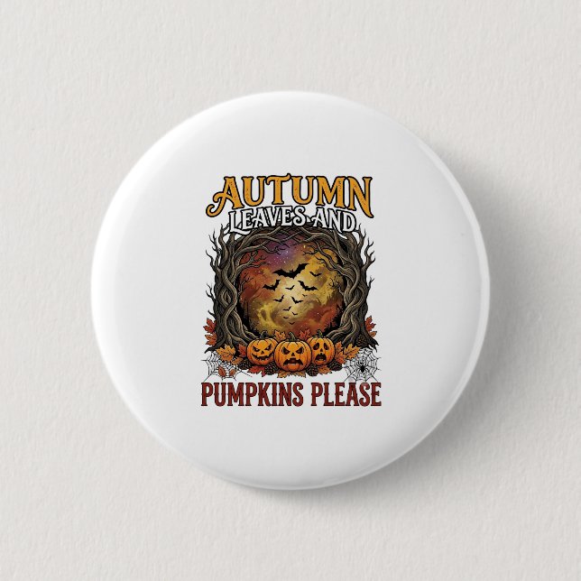 Herbstlaub Kürbisse Bitte Halloween Gruselige Bäum Button (Vorderseite)