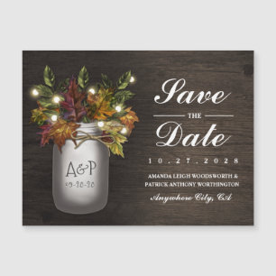 Herbstlaub Mason Jar Speichern Sie die Datumsmagne Magneteinladung