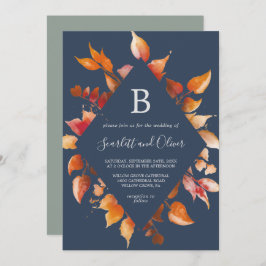 Herbstlaub | Navy Blue & Burgundy Diamond Wedding Einladung
