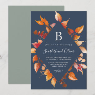 Herbstlaub Navy Blue & Burgundy Diamond Wedding Einladung
