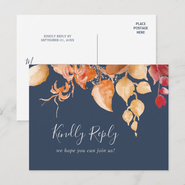 Herbstlaub | Navy Blue Menu Choice UAWG Postcard Einladungspostkarte (Vorne/Hinten)