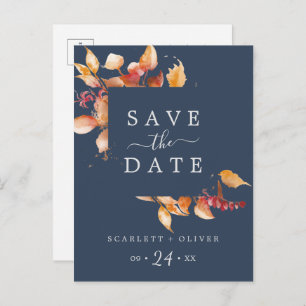 Herbstlaub Navy Blue Save the Date Postcard Einladungspostkarte