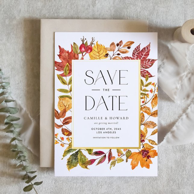 Herbstlaub Rahmen Herbst QR-Code Save-the-Date-Kar Folieneinladung (Customizable QR Code Save the Date Card with Gold Foil Frame and Autumn Foliage)