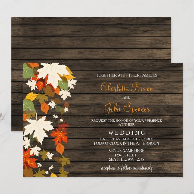 Herbstlaub Rustic Barn Wood Hochzeit im Herbst läd Einladung (Vorne/Hinten)