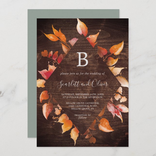 Herbstlaub | Rustic Brown Wood Diamond Wedding Einladung (Vorne/Hinten)