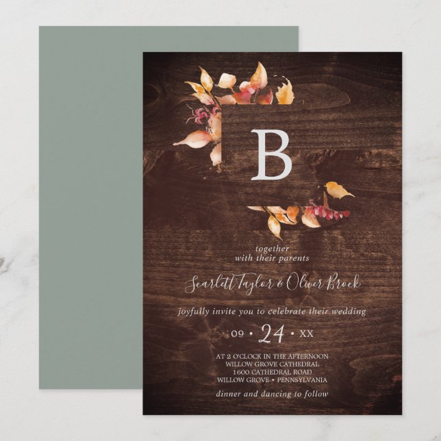 Herbstlaub | Rustic Brown Wood Monogram Wedding Einladung (Vorne/Hinten)