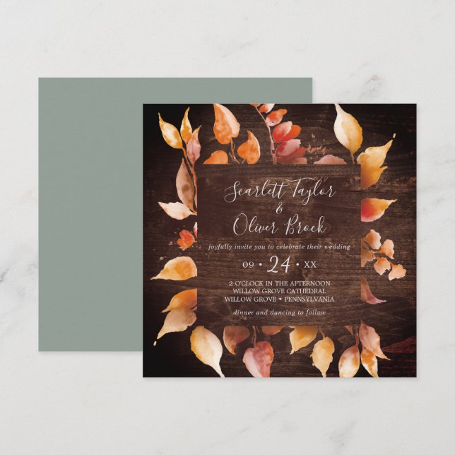 Herbstlaub | Rustic Brown Wood Square Wedding Einladung (Vorne/Hinten)